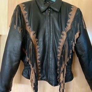 Black & Tan fringed leather motorcycle jacket.